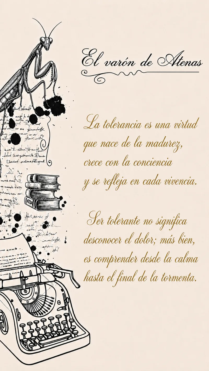 Ilustración poética en tonos marfil, negro y oro viejo, con una mantis, libros y una máquina de escribir. Incluye la reflexión: «La tolerancia es una virtud que nace de la madurez, crece con la conciencia y se refleja en cada vivencia. Ser tolerante no significa desconocer el dolor; más bien, es comprender desde la calma hasta el final de la tormenta». El varón de Atenas.